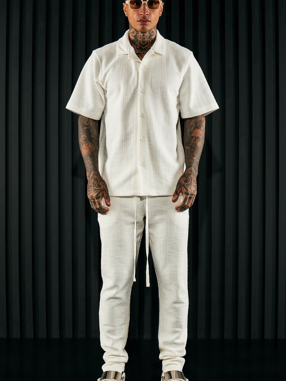 Dean Textured Short Sleeve Button Up Set - White